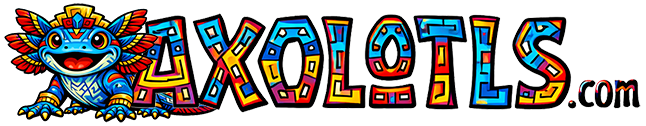 Colorful Aztec-inspired axolotl mascot with vibrant blue, red, yellow, and orange tribal patterns, positioned partially in front of the bold hand-drawn glyph text “AXOLOTLS.com” on a transparent background.
