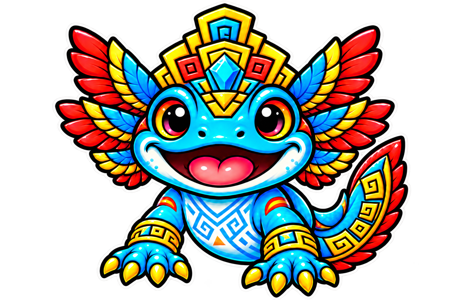 Colorful Axolotls.com axolotl brandmark with geometric red, gold, and blue details.